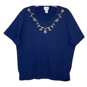Bon Worth Top Nautical Theme Embroidered Scoop Neck Short Sleeves Blue Size XLP